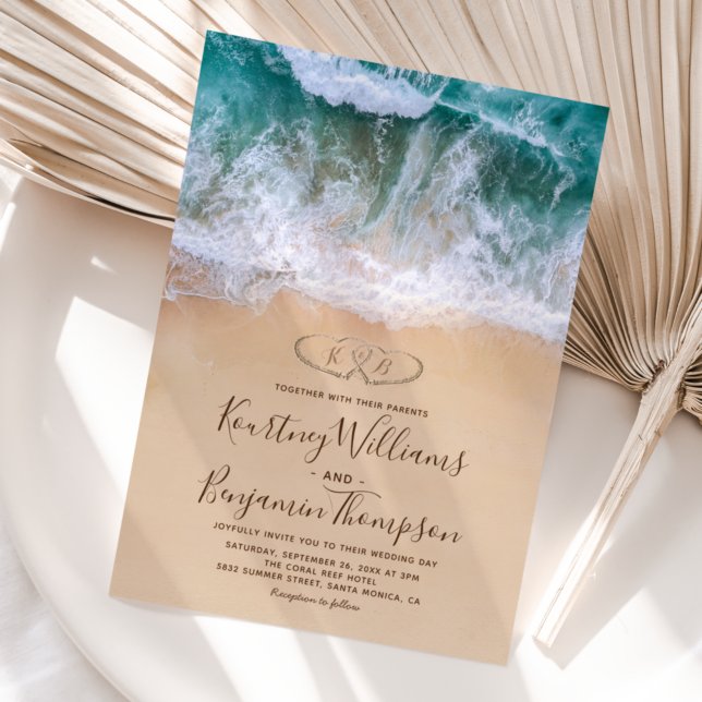 Invitation Mariage sur la plage avec des coeurs dans le rivag (Créateur téléchargé)