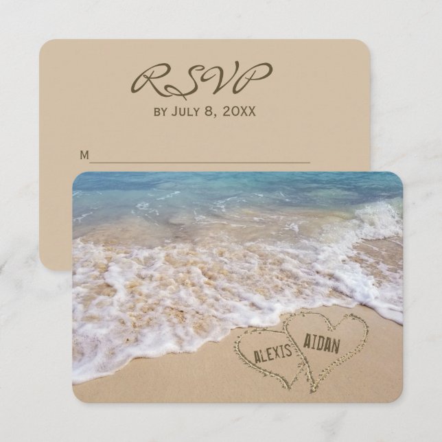 Invitation Mariage sur la Plage Coeurs RSVP (Devant / Derrière)