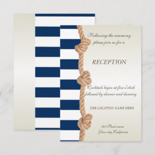 Invitation Mariage sur la Plage Corde Navy, Cœurs, Rayures Ré