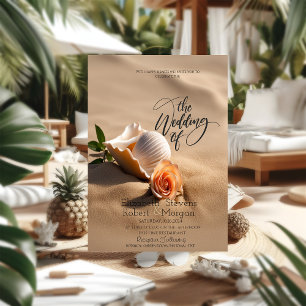 Invitation Mariage sur la plage de sable rose aux coquillages