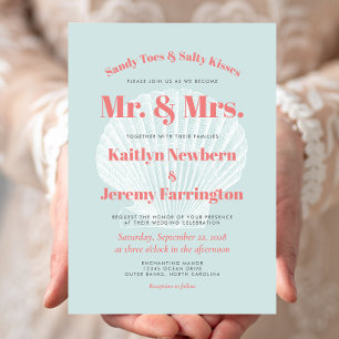 Invitation Mariage sur la plage Sandy Toes Aqua Coral Seashel