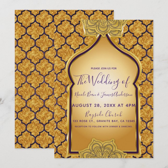Invitation Mariage sur le thème royal indien arabe de l'or po (Devant / Derrière)