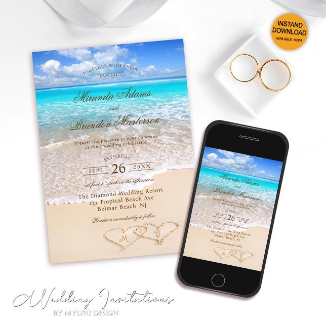 Invitation Mariage sur mesure élégant bleu océan plage tropic (Créateur téléchargé)