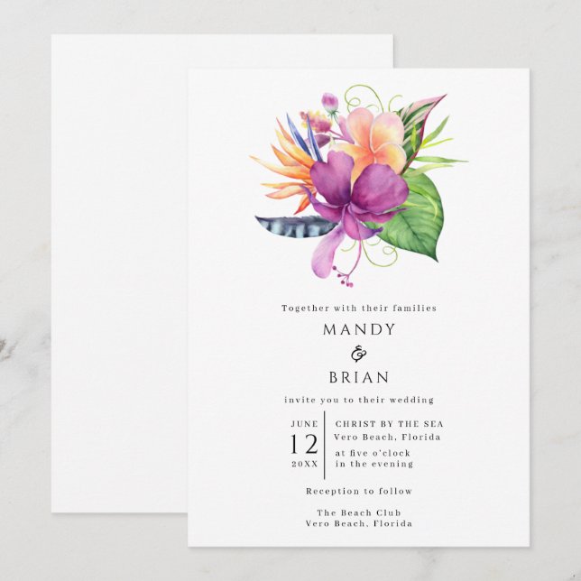 Invitation Mariage sur une île de plage aux fleurs tropicales (Devant / Derrière)