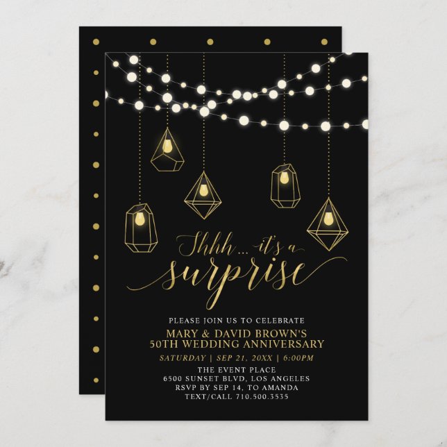 Invitation Mariage surprise aux lumières dorées et noires pou (Devant / Derrière)