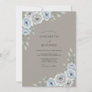 Invitation Mariage Taupe Acier Ranunculus Eucalyptus Doux