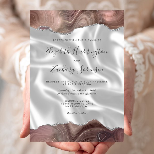 Invitation Mariage Taupe Argent Agate Blanc Soie (Créateur téléchargé)