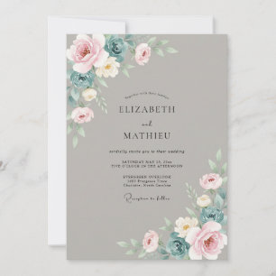 Invitation Mariage Taupe Azur Ranunculus Eucalyptus Assourdi