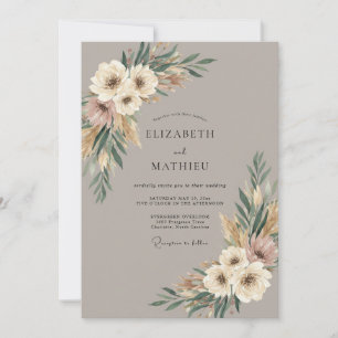 Invitation Mariage Taupe Crème Douce Pampas Eucalyptus
