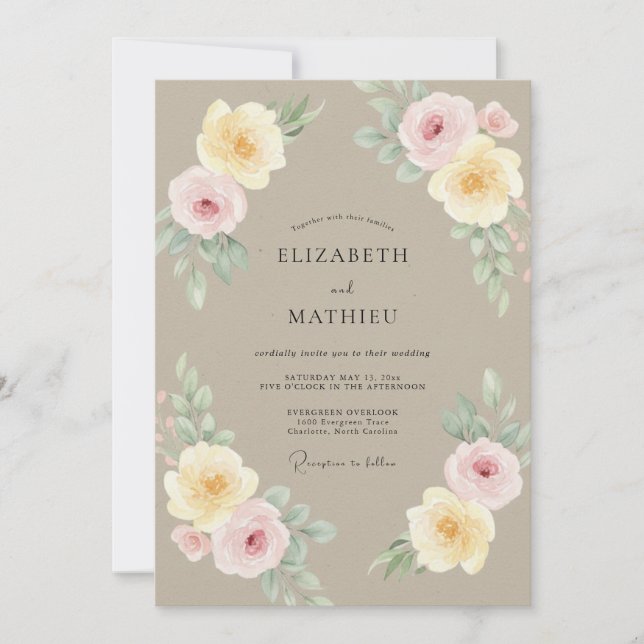 Invitation Mariage Taupe Jaune Pivoine (Devant)