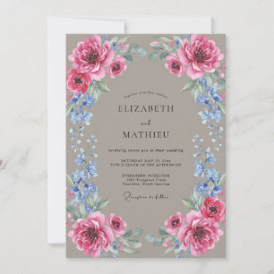 Invitation Mariage Taupe Renoncule Fuchsia Eucalyptus