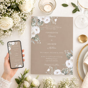Invitation Mariage taupe roses blanches ivoire