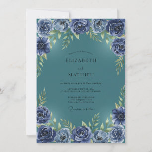 Invitation Mariage Teal Indigo Ranunculus Eucalyptus