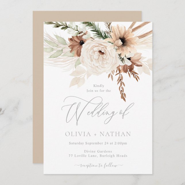 Invitation Mariage tendance Boho Neutral Florals (Devant / Derrière)