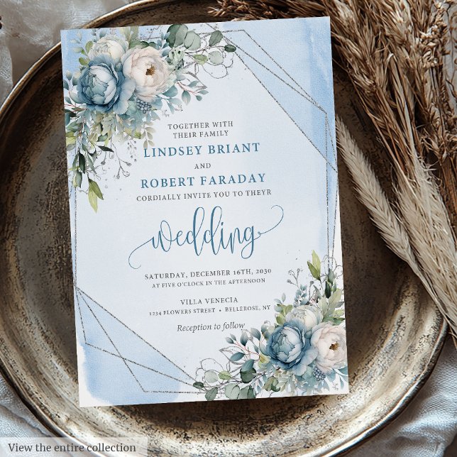 Invitation Mariage tendance Pastel Bleu Blanc Fleurs d'argent (Trendy Pastel Blue White Silver Flowers Wedding Invitation)