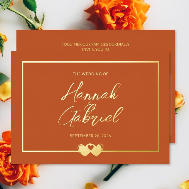 Invitation mariage Terracotta et Gold Foil (The front and back of the Terracotta Gold Wedding Foil Invitation)