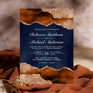 Invitation Mariage Terracotta Orange Brûlé Marbre Agate Navy