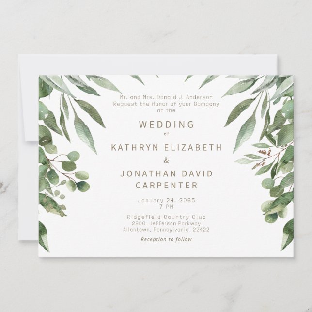 Invitation Mariage texte Eucalyptus Moderne or en goutte (Devant)