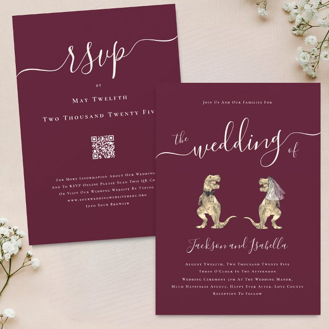 Invitation Mariage Thème Dinosaure Bordeaux Crème Code QR (Dinosaur theme wedding qr code burgundy cream invitation elegant script T-Rex dino bride and groom )