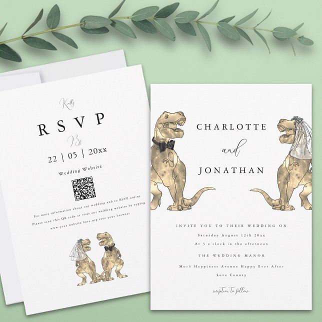Invitation Mariage Thème Dinosaure code QR (T-Rex bride and groom funny dinosaur wedding qr code invitation )