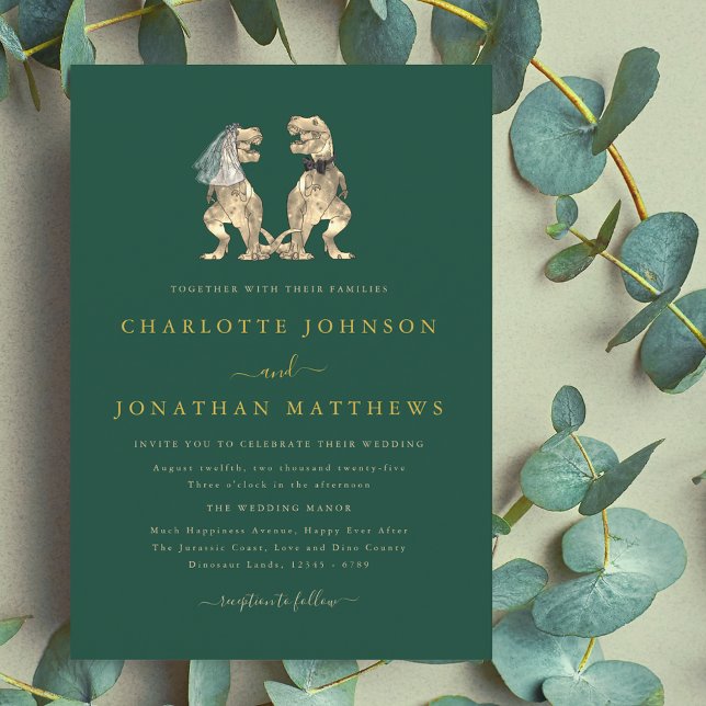 Invitation Mariage Thème Dinosaure Vert Or (Dinosaur theme wedding sage green invitation elegant modern fun T-Rex dino Bride and groom)