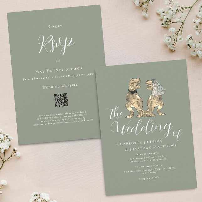 Invitation Mariage Thème Dinosaure Vert Sage Code QR (Dinosaur theme sage green wedding qr code invitation funny T-Rex dino bride and groom elegant script)