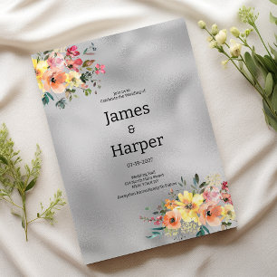 Invitation Mariage thème floral argent rose orange menthe