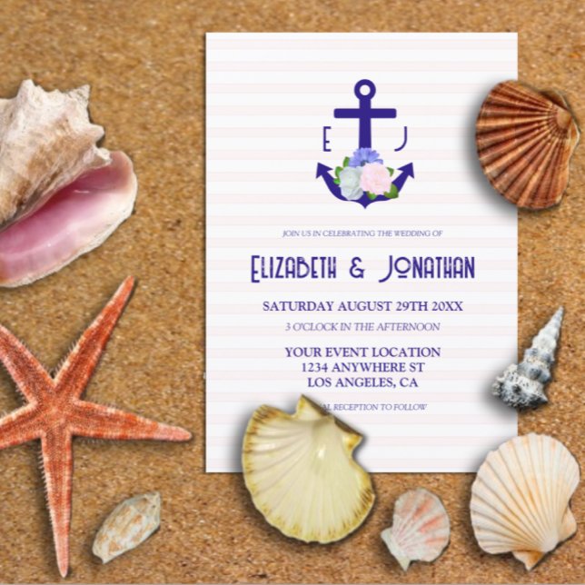 Invitation Mariage Thème Marin à Rayures Florales (Créateur téléchargé)