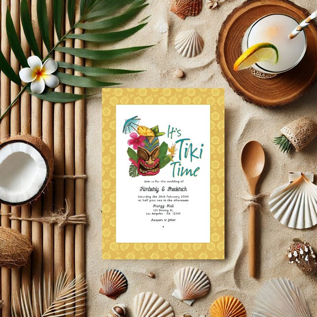 Invitation Mariage Tiki Tropical Joueur (Playful Tropical Tiki Wedding Invitation)