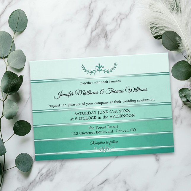 Invitation Mariage Ton sur Ton rayé Vert Argenté (Wedding invitation featuring an elegant green tone on tone striped design with a silver lining)