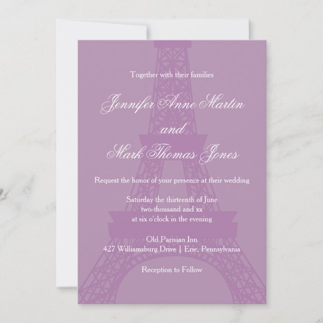 Invitation Mariage Tour Eiffel de Paris Lavande et violet (Devant)