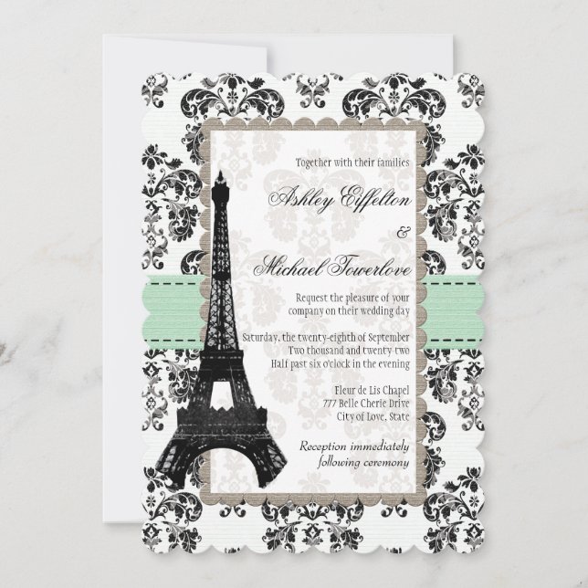 Invitation Mariage tour Eiffel Mint Vert et Noir Damas (Devant)