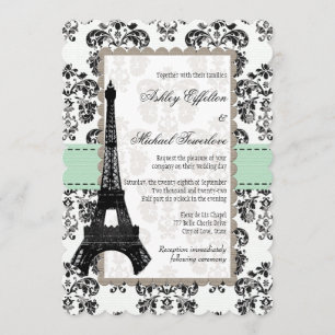 Invitation Mariage tour Eiffel Mint Vert et Noir Damas