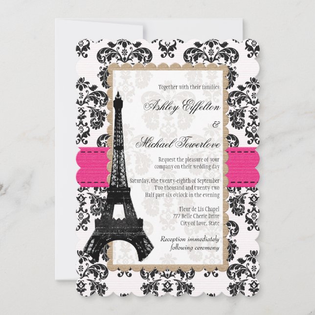 Invitation Mariage tour Eiffel rose et noir (Devant)