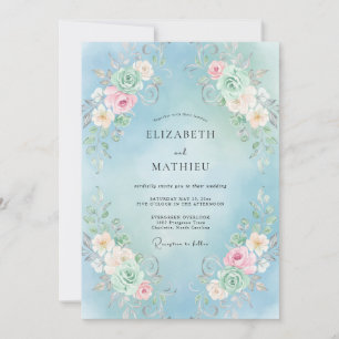 Invitation Mariage Tourbillon Floral Bleu Ciel