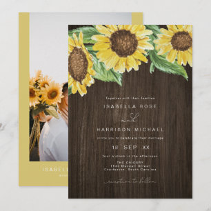Invitation Mariage Tournesol Aquarelle Bois Foncé Rustique EM