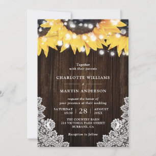 Invitation Mariage Tournesol Bois Rustique Floral Dentelle