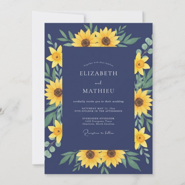 Invitation Mariage Tournesol Eucalyptus Indigo (Devant)