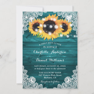 Invitation Mariage Tournesol Sarcelle Bois Rustique Dentelle