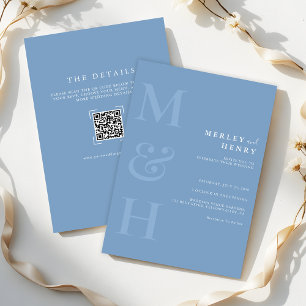 Invitation Mariage Tout Compris Code QR Monogramme Bleu Pouss