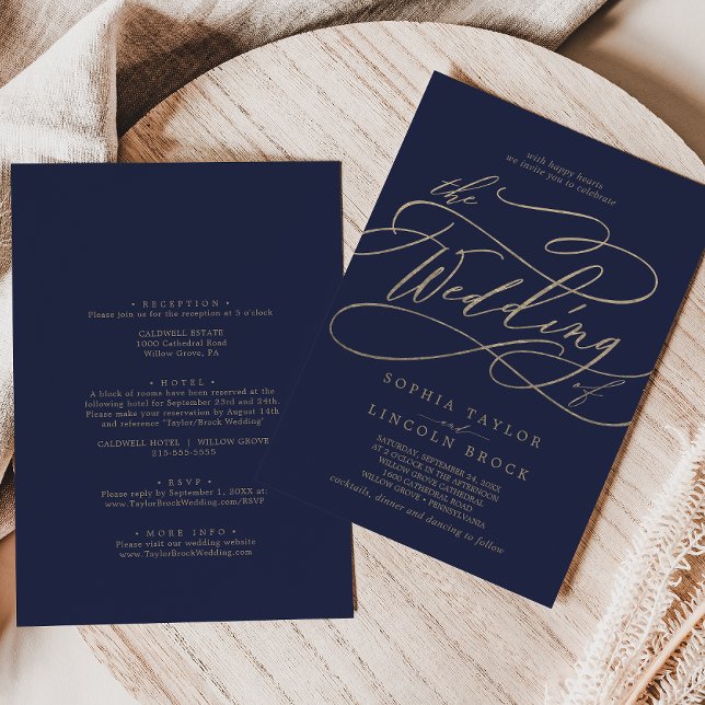 Invitation Mariage Tout Compris Or Romantique Calligraphié Bl (Romantic Gold Calligraphy Navy All In One Wedding Invitation)