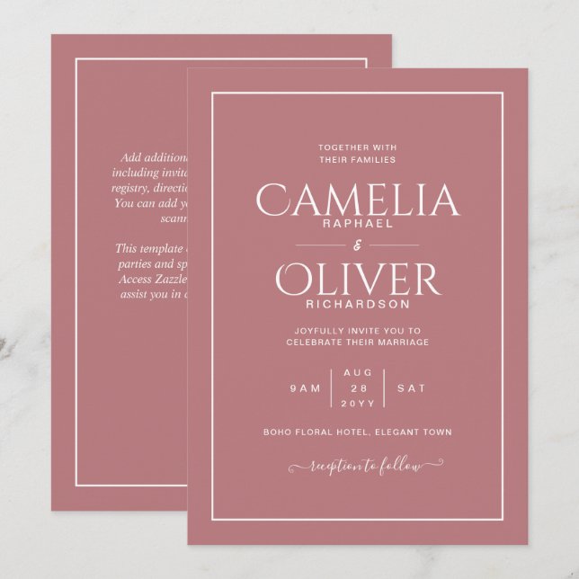 Invitation Mariage tout en 1 rose Dusty Rose avec RSVP (Devant / Derrière)