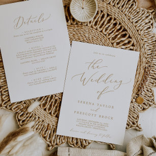 Invitation Mariage tout en un avec calligraphie dorée délicat