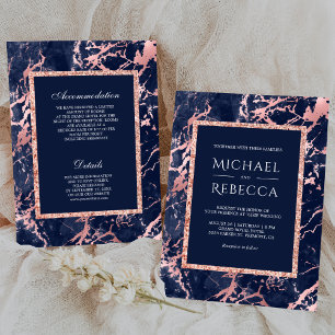 Invitation Mariage Tout en Un Bleu Nuit Marbré Or Rose