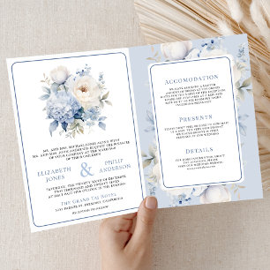 Invitation Mariage tout en un bleu poussiéreux et floral blan