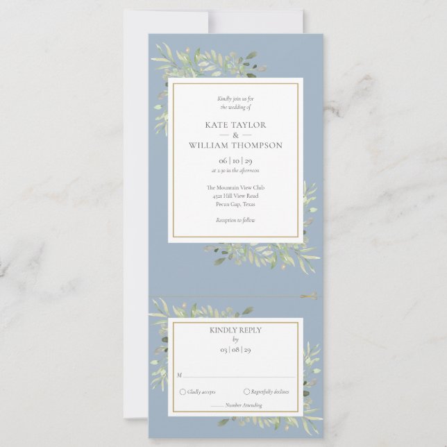 Invitation Mariage Tout En Un Dusty Blue Greenery Leaves  (Devant)