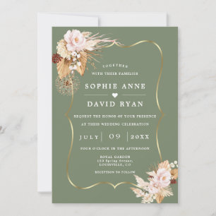 Invitation Mariage Tout En Un Fleurs Vert Sauge Doré Automne