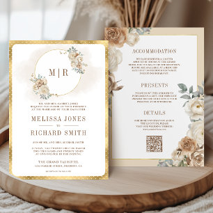 Invitation Mariage Tout en Un Ivoire Beige Fleurie Or Doux