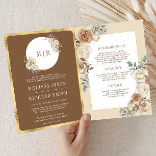 Invitation Mariage Tout en Un Ivoire Brun Beige Floral Or