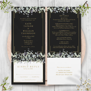 Invitation Mariage tout en un Lilas Feuillage Noir et Or